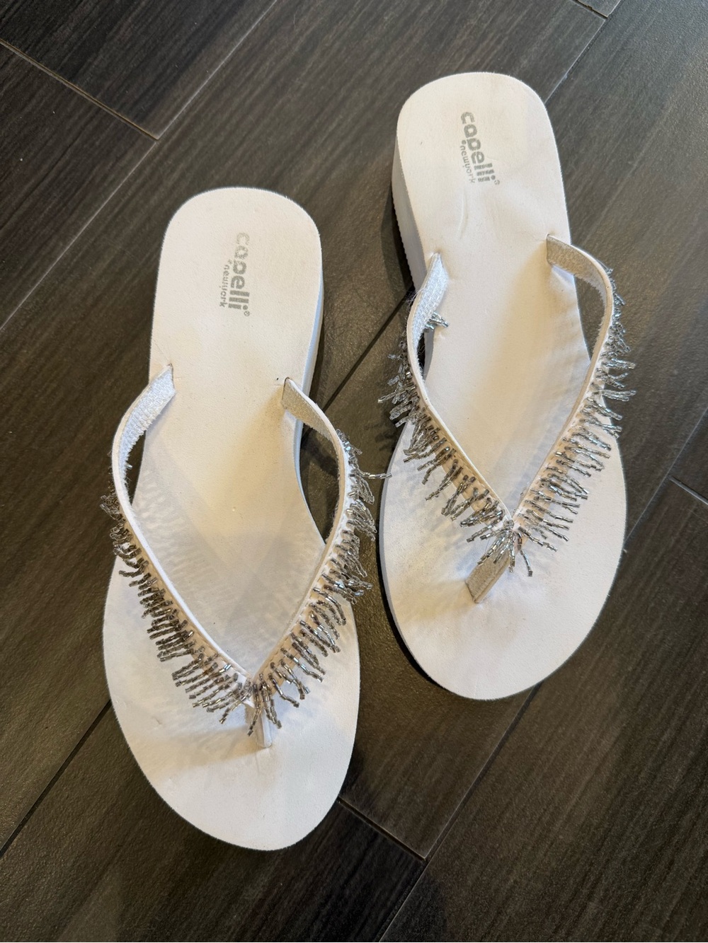 Capelli of New York White Beaded Fringe Platform Flip Flop Sandals